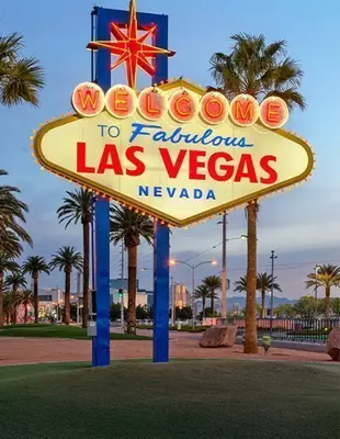 Iconisch bord in Las Vegas met palmbomen op de achtergrond
