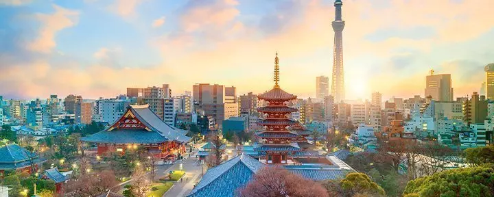 Tokyo skyline met tempels en hoge gebouwen